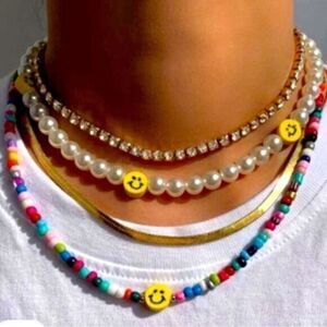 NWT - Multi-layer Smiley Pearl Rainbow Choker Acrylic Colorful Beads 4 Necklaces